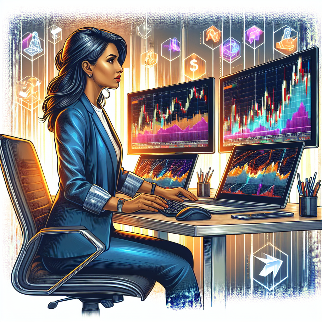 A professional and vibrant illustration showcasing a dynamic day trader analyzing charts and executing trades with a computer, surrounded by visual elements like candlestick patterns, financial graphs, and strategic tips in a modern office setting.